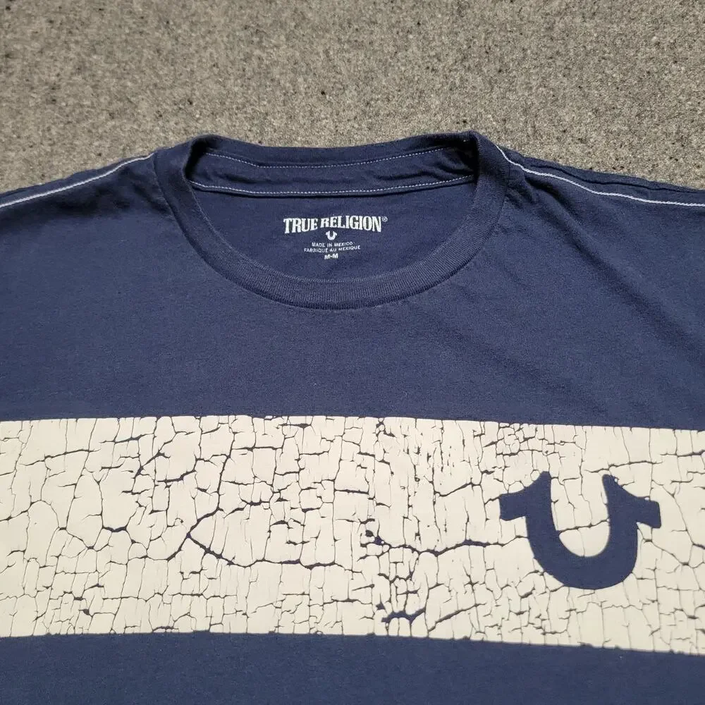 True Religion Shirt Mens Medium Blue White Distress Pull Panel Graphic Tee SS